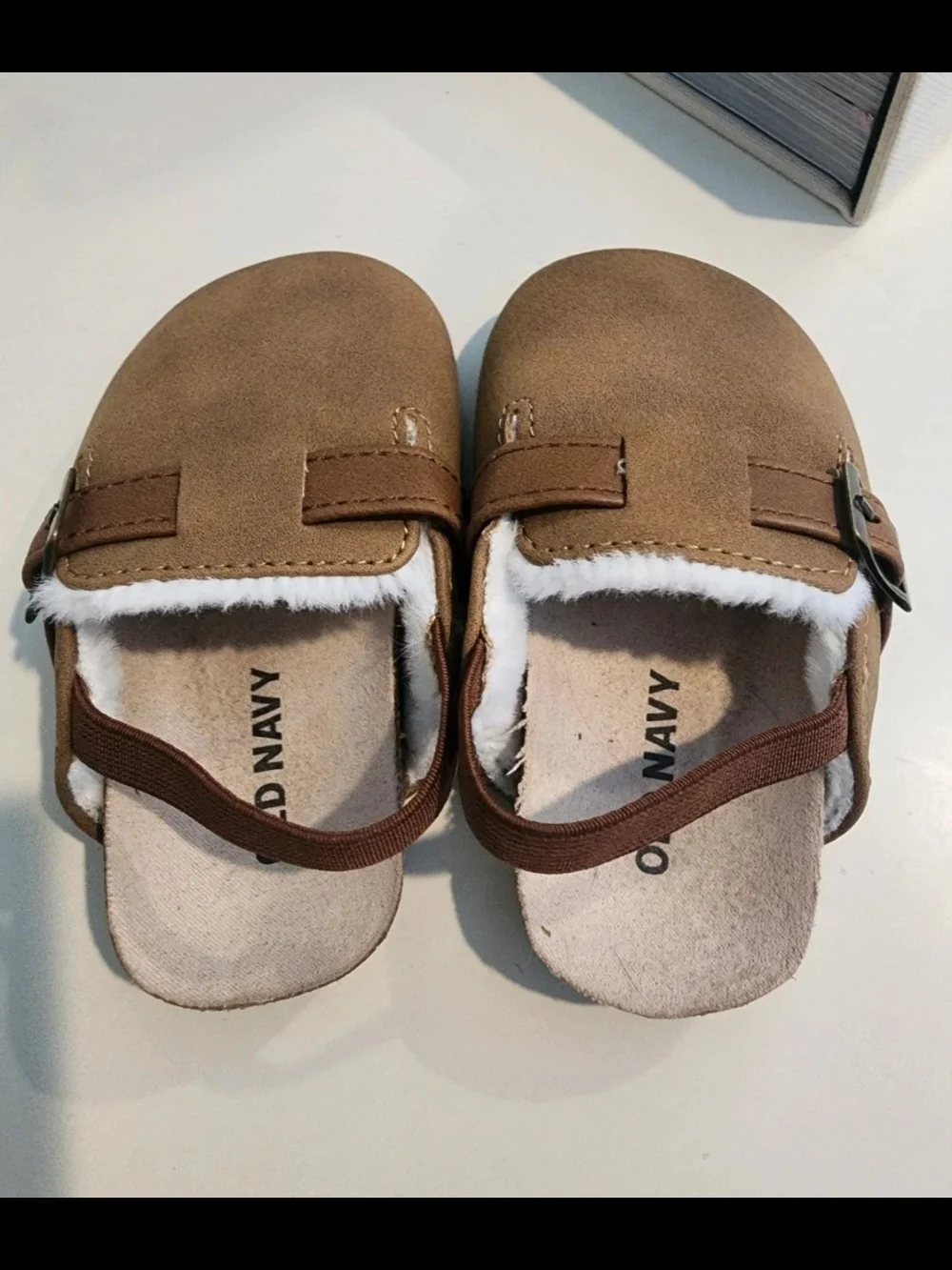 Old Navy Brown Faux-Suede Kids Slip-On Clogs with Buckle and Faux Fur Trim